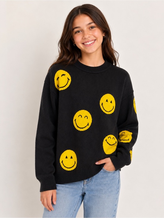 H&M Other - H&M Girls Black Sweater with Yellow Smiley Face Pattern